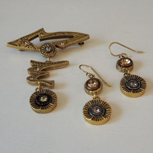 Patricia Locke Brooch And Earrings Gold Tone Swarovski Crystal Set 2" Br… - Picture 2 of 9
